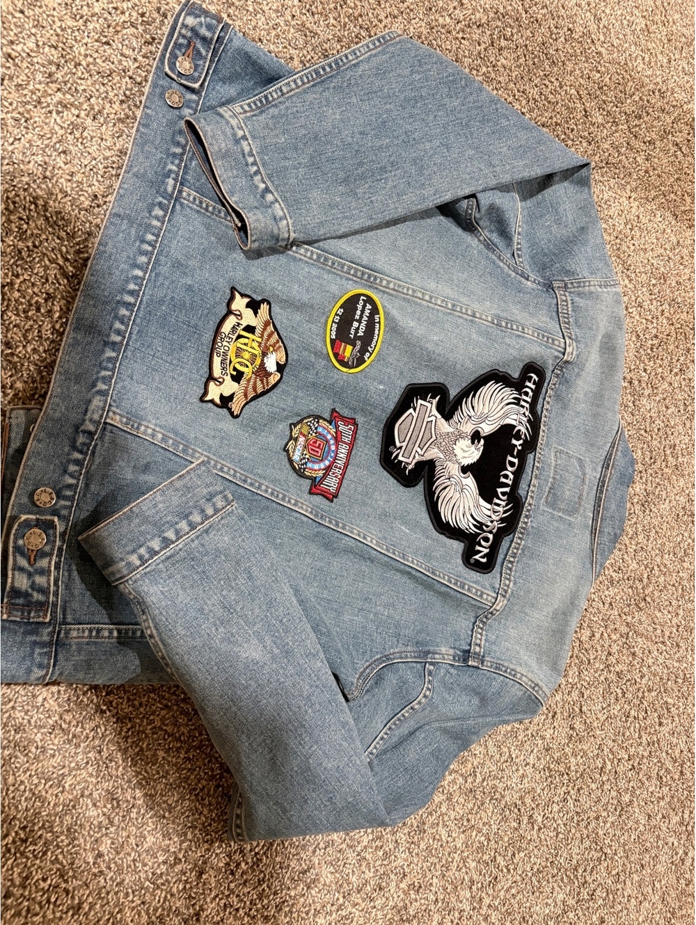 Levi's Denim Trucker Jacket with Harley-Davidson and RE/MAX Patches, Size L